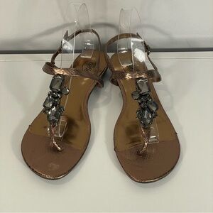 Moda Reflex Bronze Faceted Jeweled Thong Low Heel Strap Comfort Sandals Sz 10